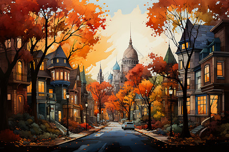 充满活力的秋天色彩的城市景观背景图片
