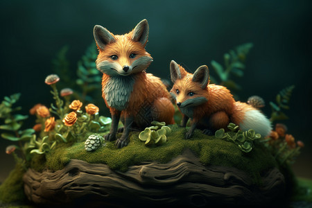 树干上可爱的狐狸立体插画背景图片