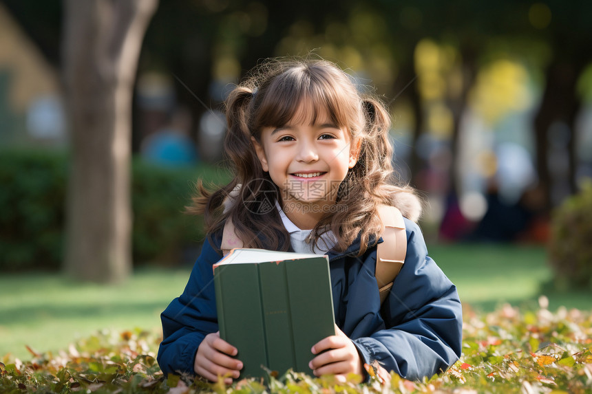 公园中读书的小女孩图片