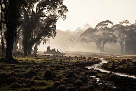 清晨雾气笼罩的农场图片