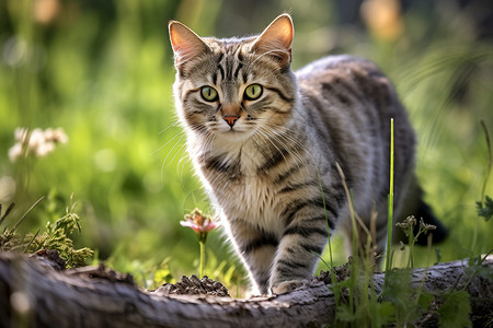 草地上可爱的条纹小猫图片