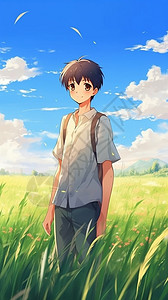 草原上阳光的男生背景图片