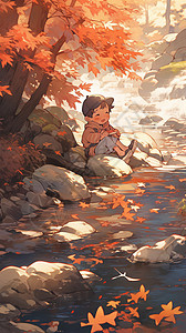 森林中游玩的小男孩动漫插图背景图片