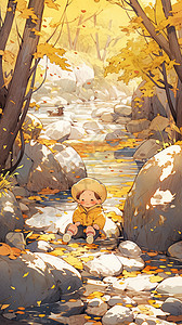 可爱的小男孩在河边游玩背景图片