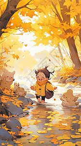 秋天森林河中游玩的小男孩背景图片