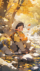 河边游玩的小男孩插图背景图片