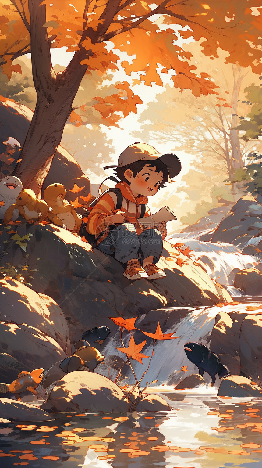 森林中游玩的小男孩插图图片