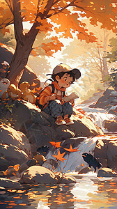 森林中游玩的小男孩插图背景图片