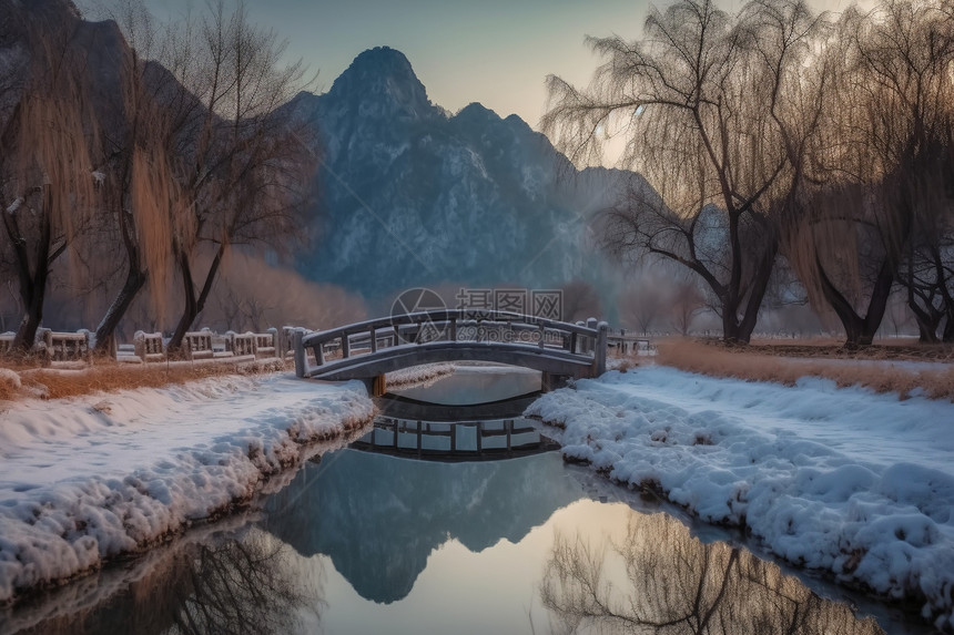 下雪的户外拱桥图片