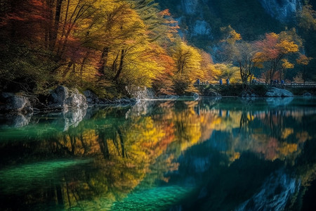 秋天河面上的美景背景图片