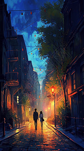 城市街道上的情侣背影图片