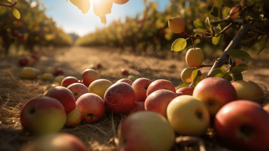 果园中新鲜收获的苹果果实图片