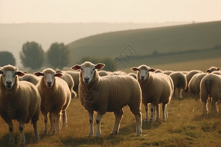 一群羊在农场的田野里吃草高清图片