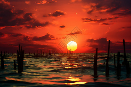 夕阳下的海中渔场图片