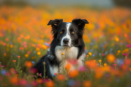 花丛中乖巧的边牧犬高清图片