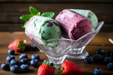 草莓蓝莓冰激凌不同颜色的冰淇淋背景