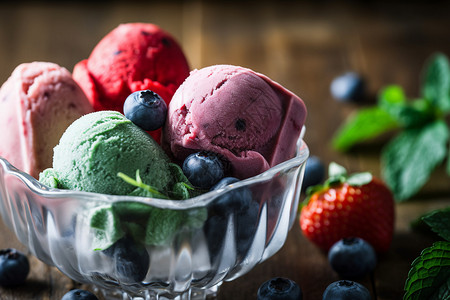 草莓蓝莓冰激凌美味的冰淇淋背景