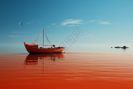 红色湖面的橙色小船图片