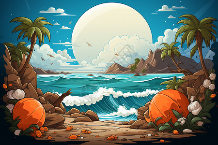 热带海岸卡通插画背景图片