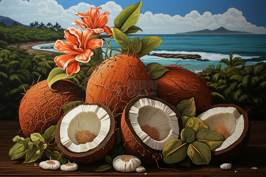 新鲜采摘的椰子创意插画图片