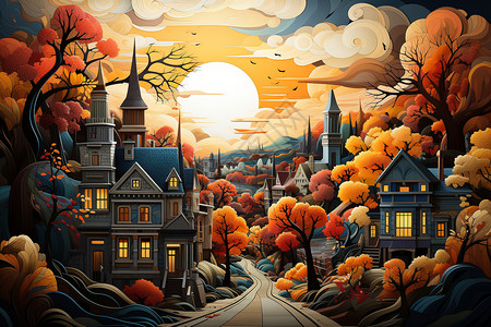 一个风景如画的秋天城市背景图片