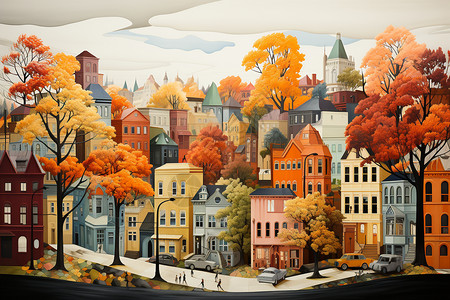 壁画小镇充满活力的秋天插图插画