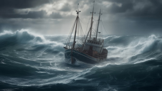 狂风怒号公海上的渔船背景图片