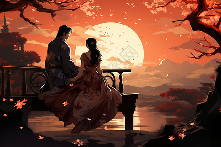 七夕节设计七夕节期间在鹊桥上的夫妇插画