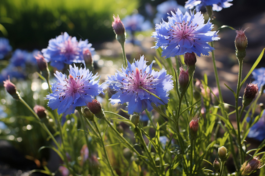 花园里盛开的蓝色花朵图片