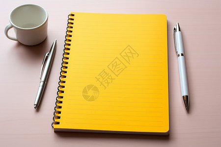 黄色日记本和笔图片