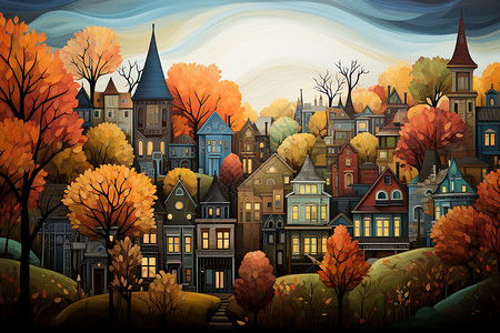 创造一个富有想象力的秋天色彩的城市景观图片