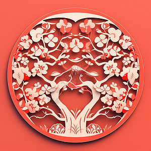 圆形心形素材迷人桃树剪纸插画