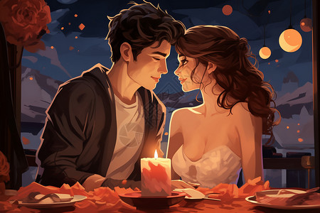 餐厅牛排英俊的亚洲男孩和美丽的女孩沉浸在情人节中插画