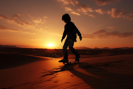 沙漠中滑滑板的孩子背景图片