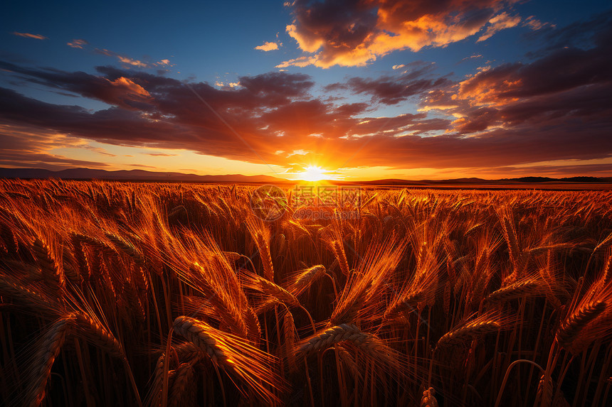 金色的小麦上投下美丽的光芒图片