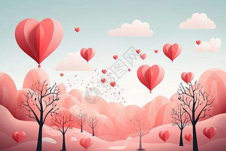红色剪纸风爱心清新浪漫的粉色背景插画