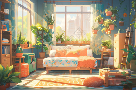 卡通可爱风格的室内家居场景背景图片