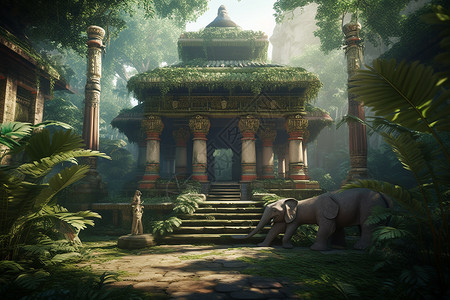 丛林中古老的寺庙建筑背景图片