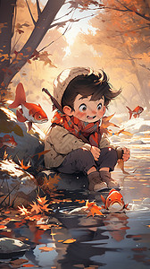 享受秋天世界的卡通小男孩背景图片