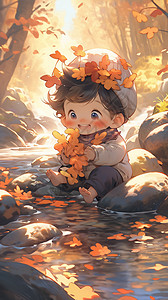 森林河边玩耍的小男孩背景图片