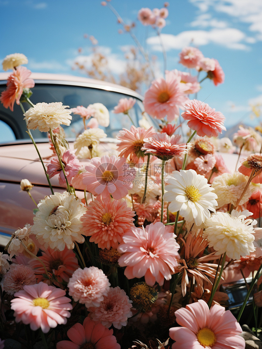 被鲜花包围着的粉色车图片