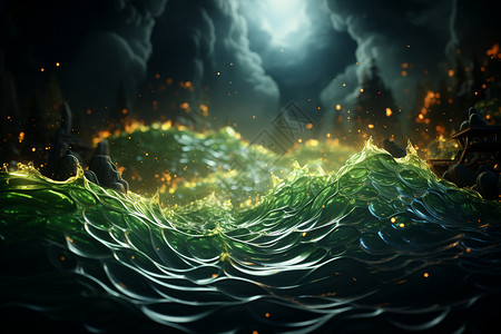 科幻的绿色液体波浪图片