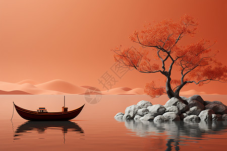 湖面的船和树图片