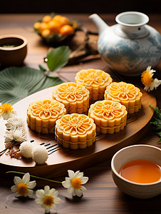 月饼桂花美味的月饼和茶饮背景