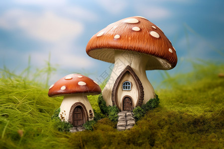 花园天空童话中的蘑菇小屋设计图片
