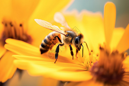停留在黄色花朵上的蜜蜂背景图片