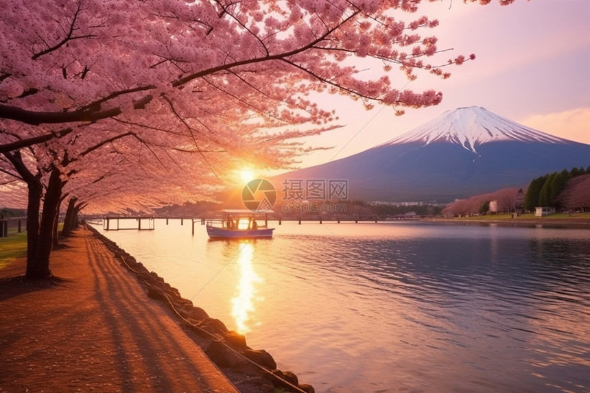 春天富士山下的美丽景观图片