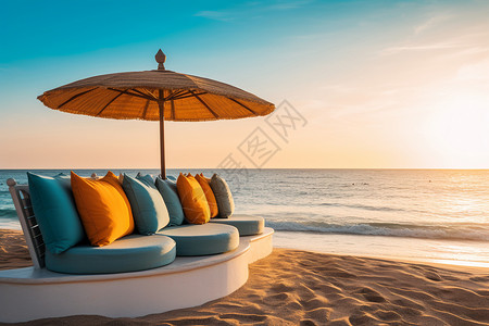 宁静沙滩上的遮阳沙发图片