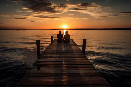 木码头海边木桥上的情侣背景