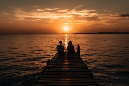 海边木桥上看日落的情侣图片